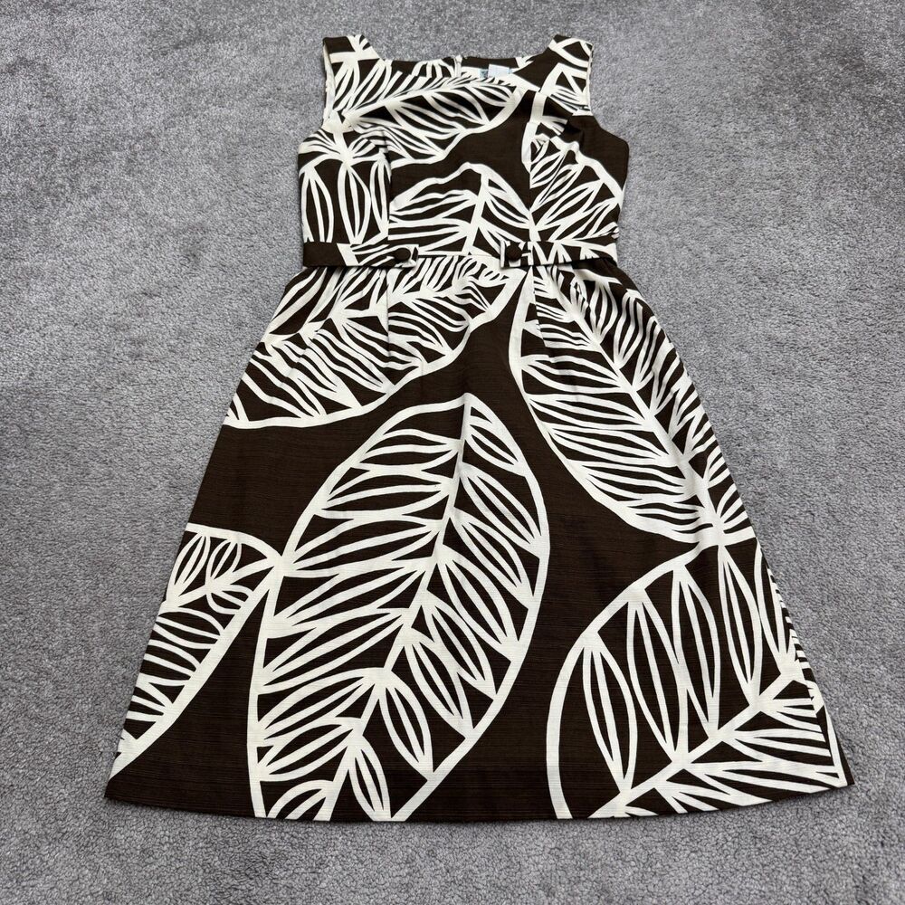 Anthropologie Tabitha Cotton A-Line Belted Dress Womens 4 Brown White Leaf Print